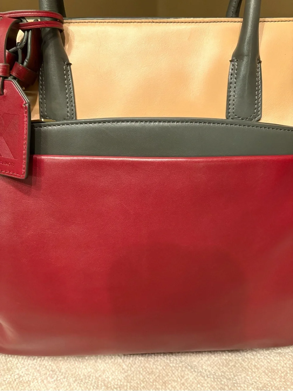 Reed Krakoff Colorblock Leather Tote Bag in Burgundy, Beige & Gray
